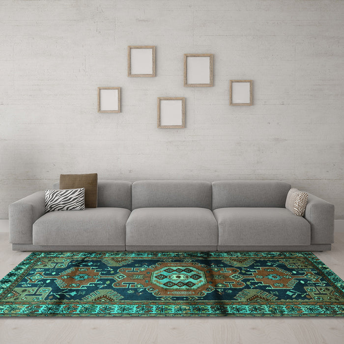 Machine Washable Persian Turquoise Traditional Area Rugs in a Living Room,, wshtr3119turq