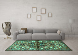 Machine Washable Persian Turquoise Traditional Area Rugs in a Living Room,, wshtr3122turq
