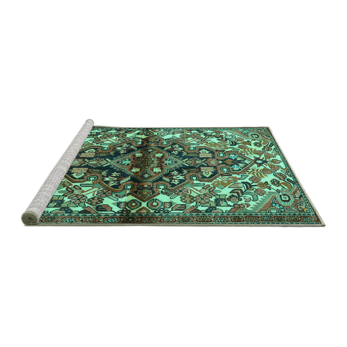 Sideview of Machine Washable Persian Turquoise Traditional Area Rugs, wshtr3122turq