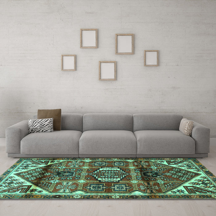Machine Washable Persian Turquoise Traditional Area Rugs in a Living Room,, wshtr3123turq