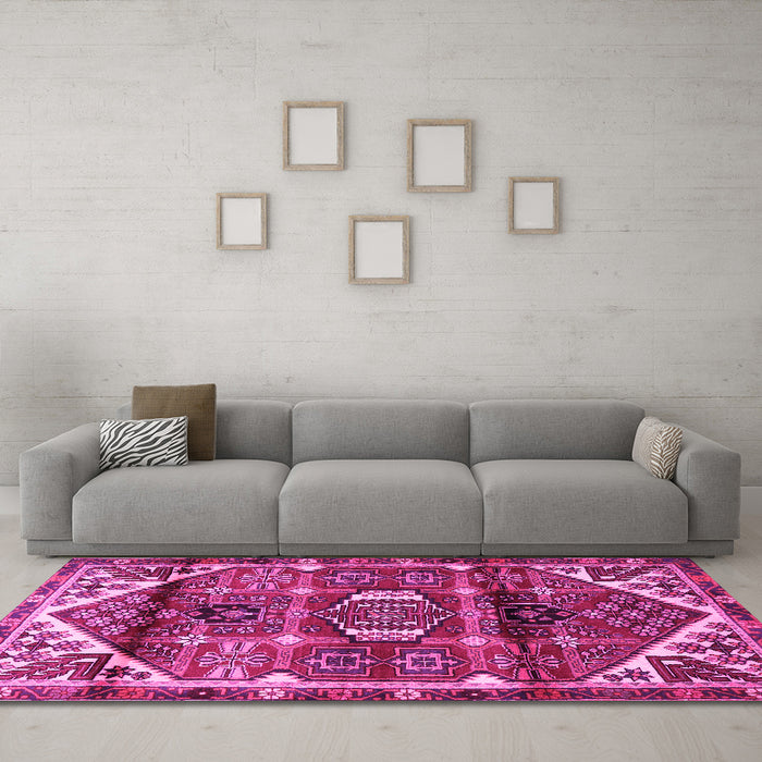 Machine Washable Persian Pink Traditional Rug in a Living Room, wshtr3123pnk