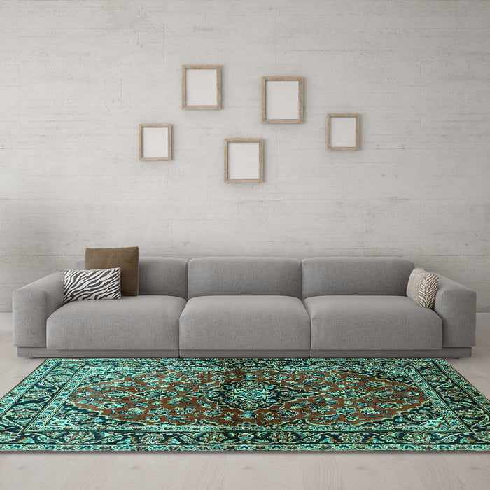 Machine Washable Medallion Turquoise Traditional Area Rugs in a Living Room,, wshtr3124turq
