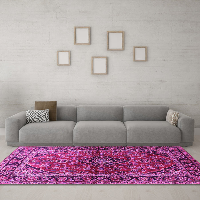 Machine Washable Medallion Pink Traditional Rug in a Living Room, wshtr3124pnk