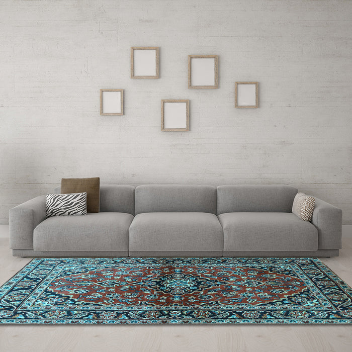 Machine Washable Medallion Light Blue Traditional Rug in a Living Room, wshtr3124lblu