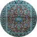 Round Machine Washable Medallion Light Blue Traditional Rug, wshtr3124lblu