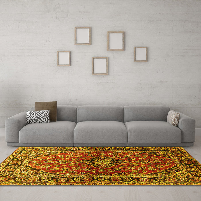 Machine Washable Medallion Yellow Traditional Rug in a Living Room, wshtr3124yw
