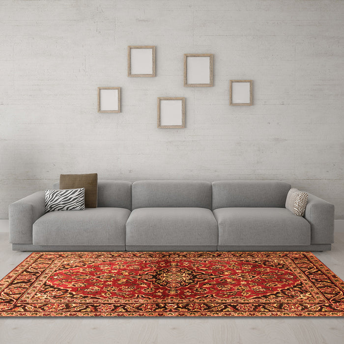 Machine Washable Medallion Orange Traditional Area Rugs in a Living Room, wshtr3124org