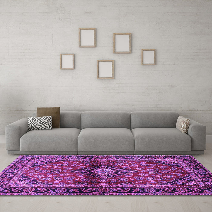Machine Washable Medallion Purple Traditional Area Rugs in a Living Room, wshtr3125pur