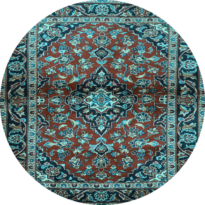 Round Machine Washable Medallion Light Blue Traditional Rug, wshtr3125lblu
