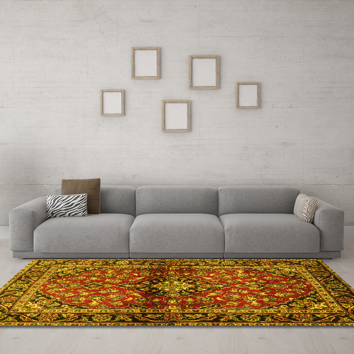 Machine Washable Medallion Yellow Traditional Rug in a Living Room, wshtr3125yw