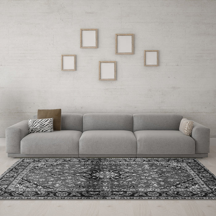 Machine Washable Medallion Gray Traditional Rug in a Living Room,, wshtr3125gry