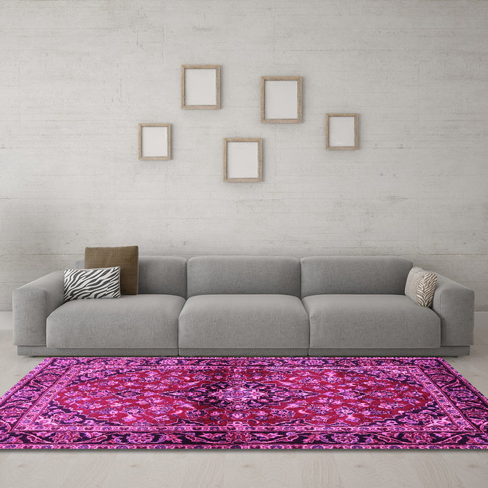 Machine Washable Medallion Pink Traditional Rug in a Living Room, wshtr3125pnk