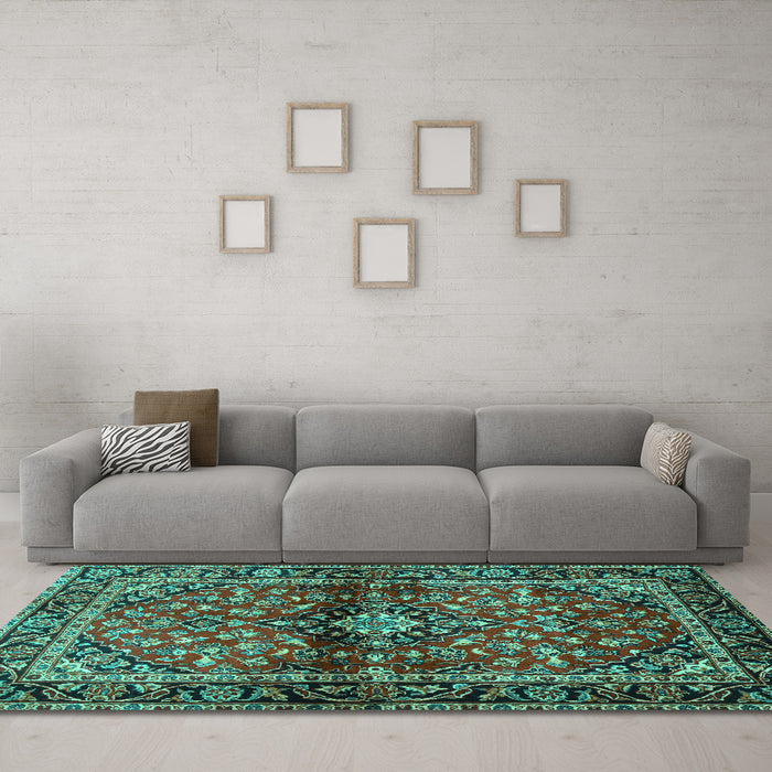 Machine Washable Medallion Turquoise Traditional Area Rugs in a Living Room,, wshtr3125turq