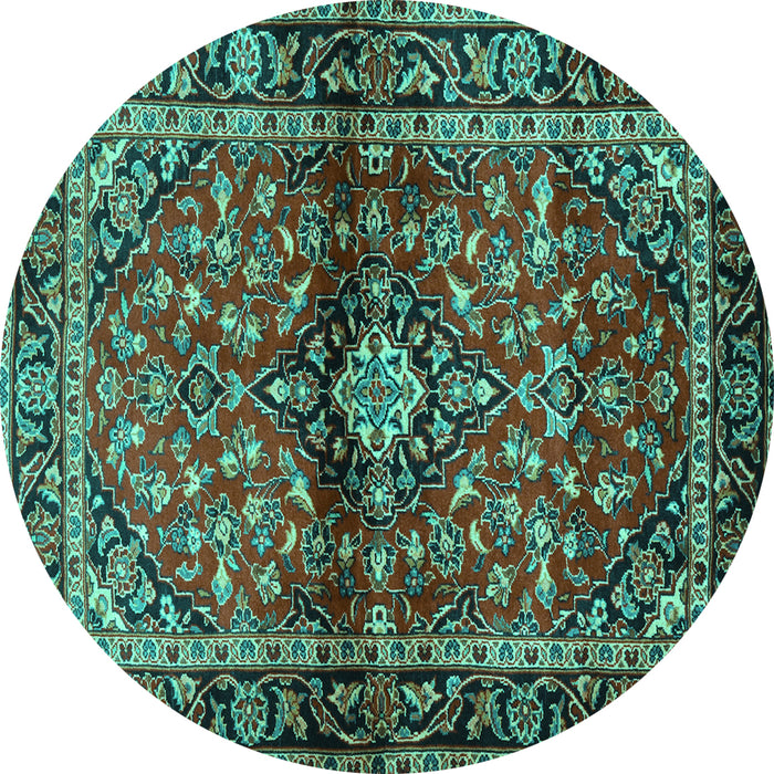 Round Machine Washable Medallion Turquoise Traditional Area Rugs, wshtr3125turq