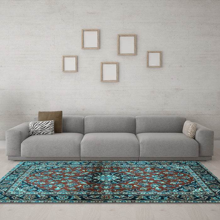 Machine Washable Medallion Light Blue Traditional Rug in a Living Room, wshtr3125lblu