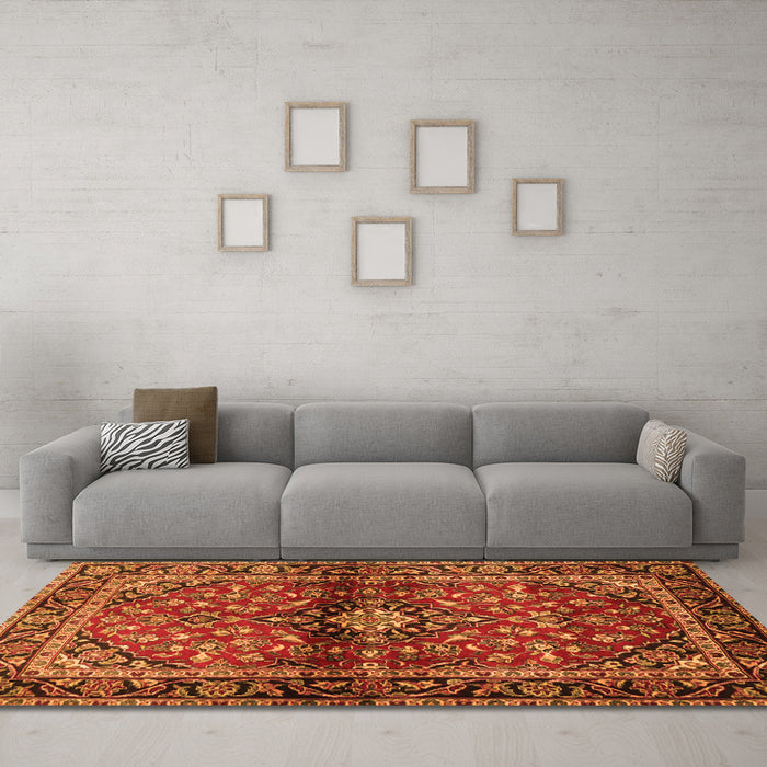 Machine Washable Medallion Orange Traditional Area Rugs in a Living Room, wshtr3125org