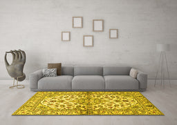 Machine Washable Medallion Yellow Traditional Rug in a Living Room, wshtr3126yw