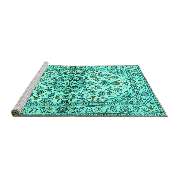 Sideview of Machine Washable Medallion Turquoise Traditional Area Rugs, wshtr3126turq