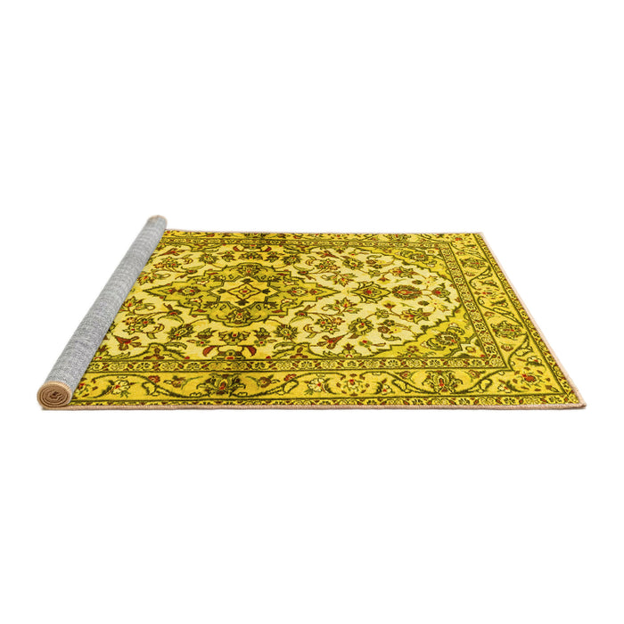 Sideview of Machine Washable Medallion Yellow Traditional Rug, wshtr3126yw
