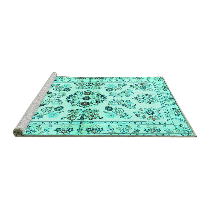 Sideview of Machine Washable Persian Turquoise Traditional Area Rugs, wshtr3127turq