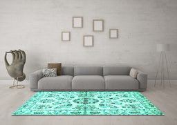 Machine Washable Persian Turquoise Traditional Area Rugs in a Living Room,, wshtr3127turq