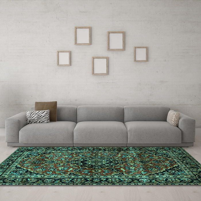 Machine Washable Persian Turquoise Traditional Area Rugs in a Living Room,, wshtr3128turq