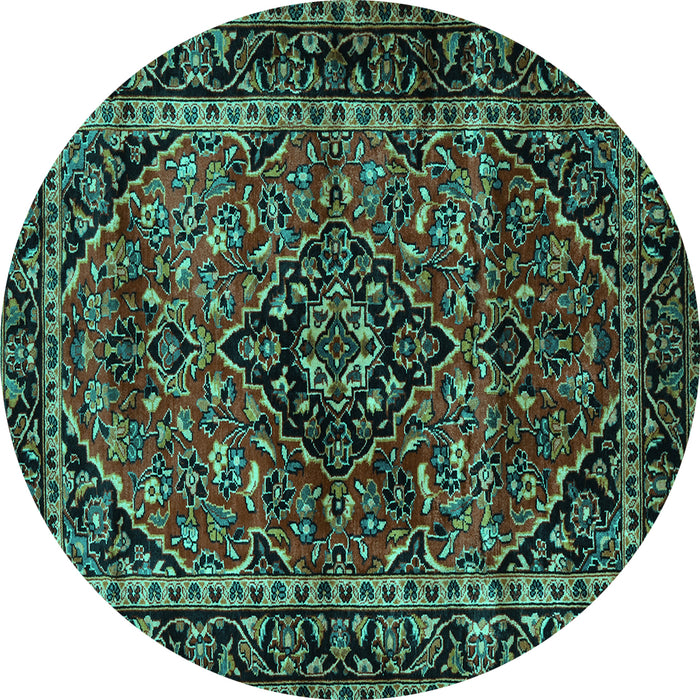 Round Machine Washable Persian Turquoise Traditional Area Rugs, wshtr3128turq