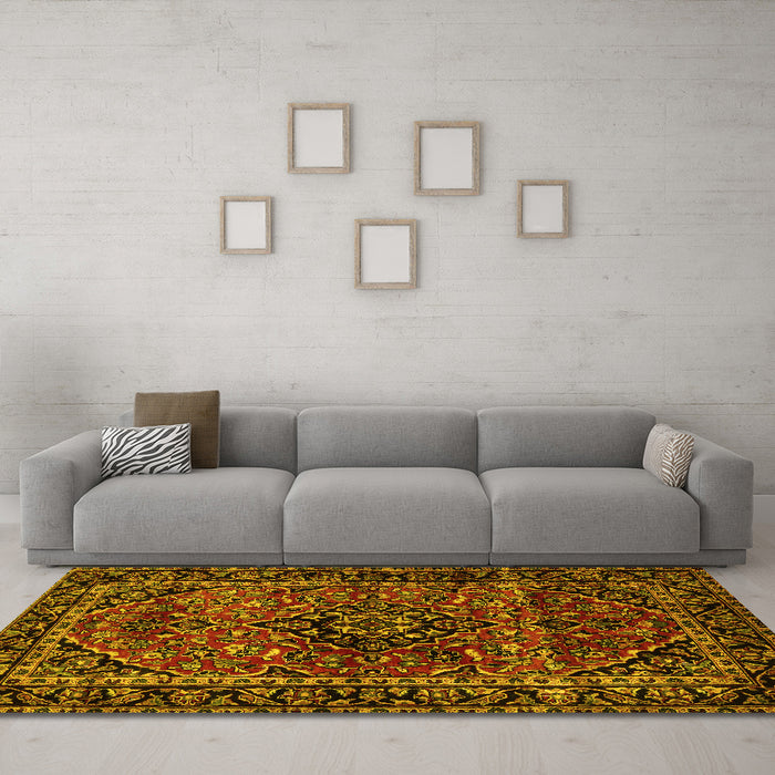 Machine Washable Persian Yellow Traditional Rug in a Living Room, wshtr3128yw