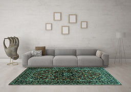 Machine Washable Persian Turquoise Traditional Area Rugs in a Living Room,, wshtr3129turq