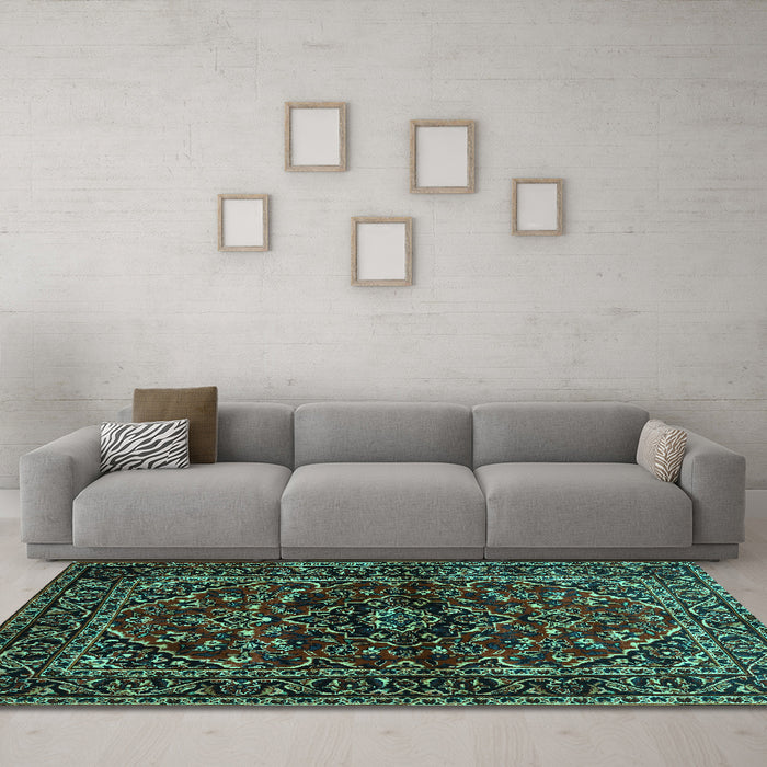 Machine Washable Persian Turquoise Traditional Area Rugs in a Living Room,, wshtr3129turq