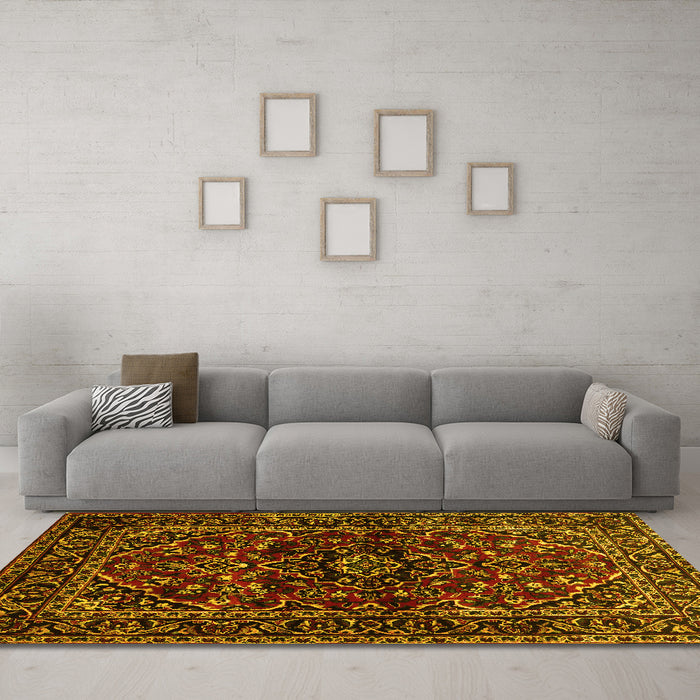 Machine Washable Persian Yellow Traditional Rug in a Living Room, wshtr3129yw