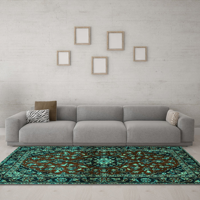Machine Washable Persian Turquoise Traditional Area Rugs in a Living Room,, wshtr3130turq
