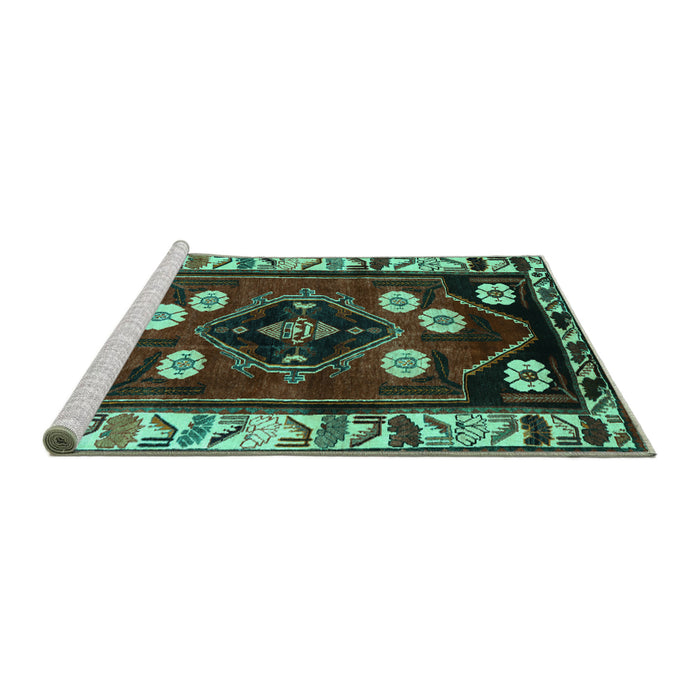 Sideview of Machine Washable Persian Turquoise Traditional Area Rugs, wshtr3134turq