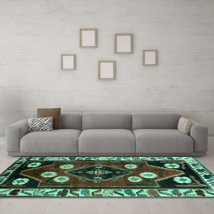 Machine Washable Persian Turquoise Traditional Area Rugs in a Living Room,, wshtr3134turq