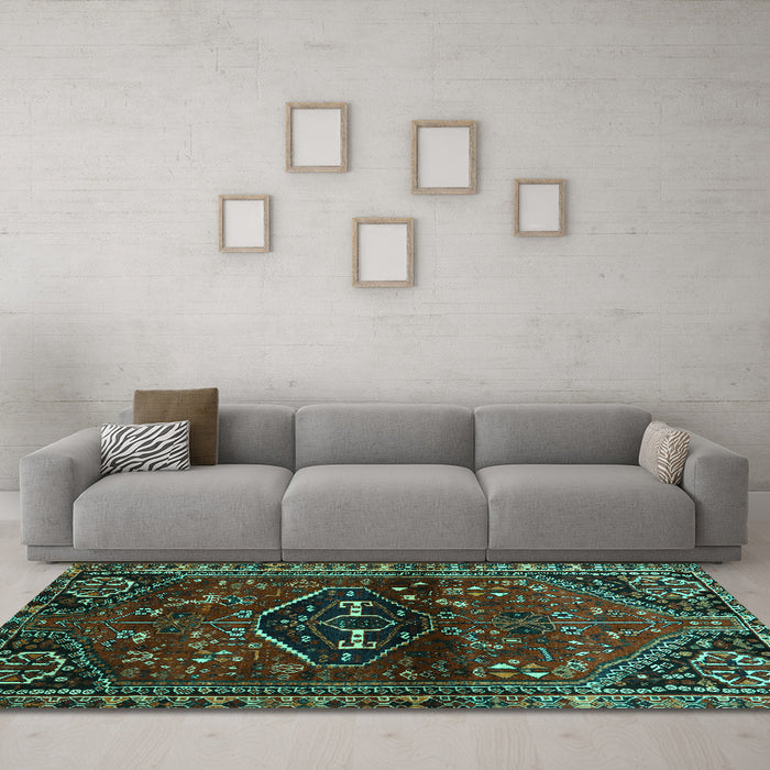 Machine Washable Persian Turquoise Traditional Area Rugs in a Living Room,, wshtr3135turq