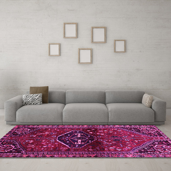 Machine Washable Persian Pink Traditional Rug in a Living Room, wshtr3135pnk