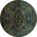 Round Machine Washable Persian Turquoise Traditional Area Rugs, wshtr3136turq