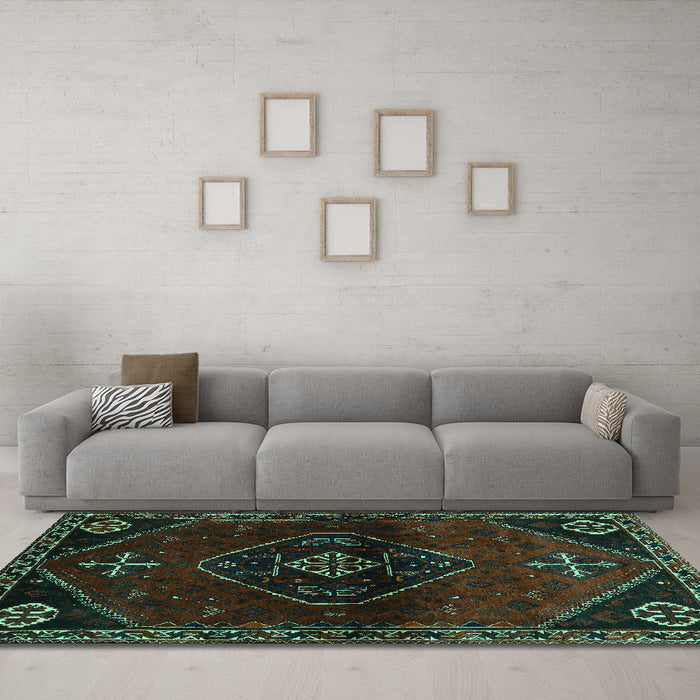 Machine Washable Persian Turquoise Traditional Area Rugs in a Living Room,, wshtr3137turq