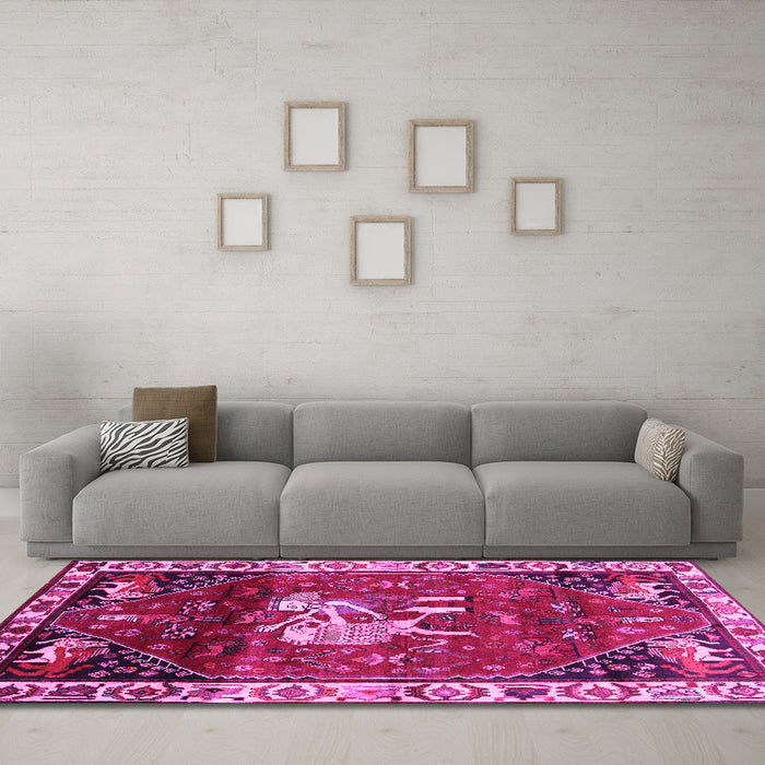 Machine Washable Animal Pink Traditional Rug in a Living Room, wshtr3138pnk