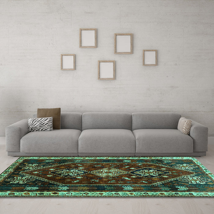 Machine Washable Persian Turquoise Traditional Area Rugs in a Living Room,, wshtr3139turq