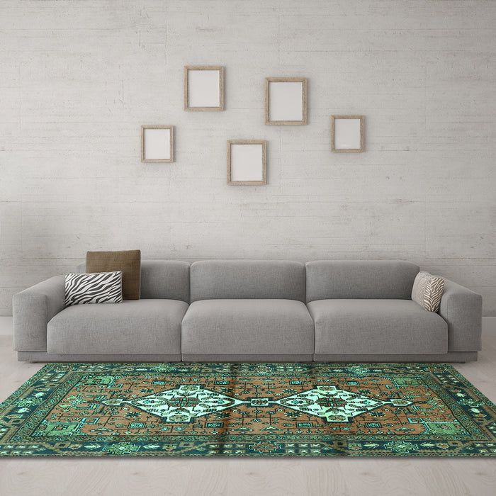 Machine Washable Persian Turquoise Traditional Area Rugs in a Living Room,, wshtr313turq
