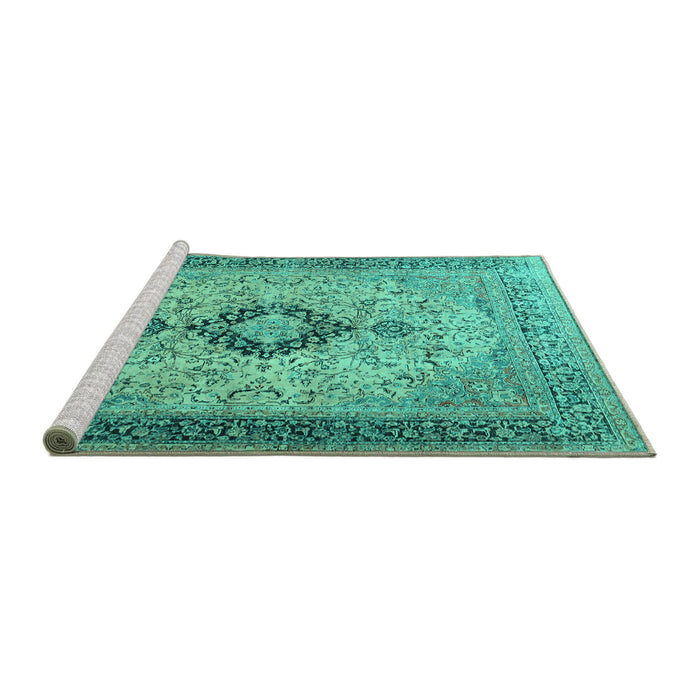 Sideview of Machine Washable Persian Turquoise Traditional Area Rugs, wshtr3143turq