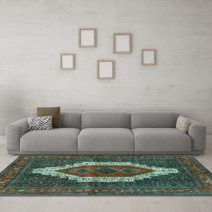 Machine Washable Persian Turquoise Traditional Area Rugs in a Living Room,, wshtr314turq