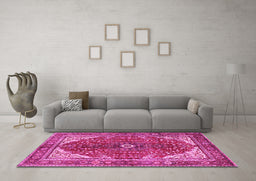 Machine Washable Medallion Pink Traditional Rug in a Living Room, wshtr3154pnk