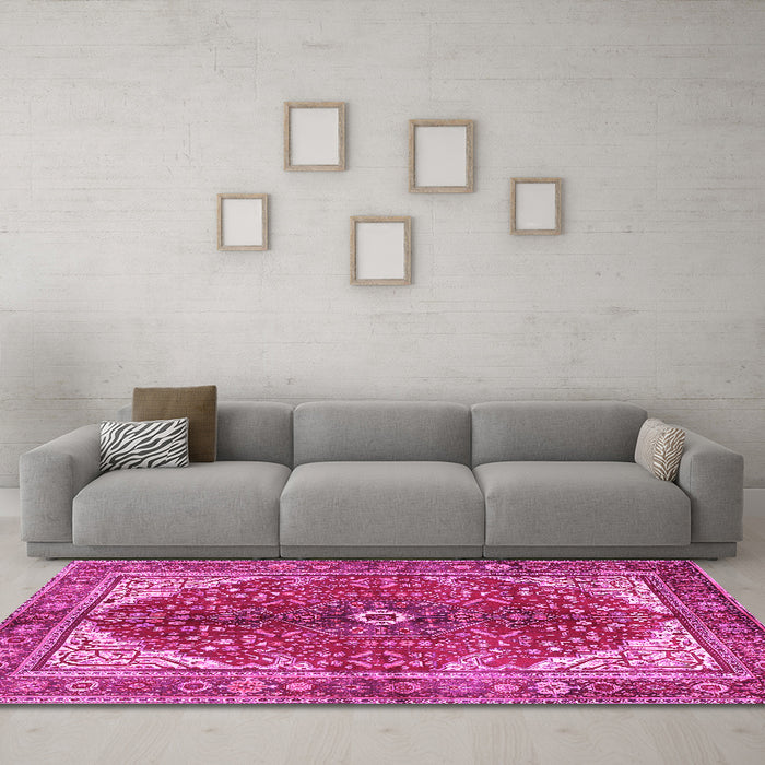 Machine Washable Medallion Pink Traditional Rug in a Living Room, wshtr3154pnk
