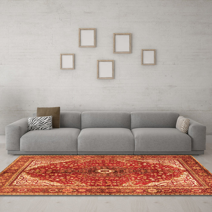 Machine Washable Medallion Orange Traditional Area Rugs in a Living Room, wshtr3154org
