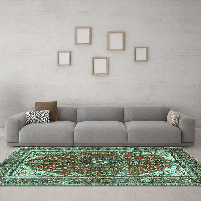 Machine Washable Medallion Turquoise Traditional Area Rugs in a Living Room,, wshtr3154turq