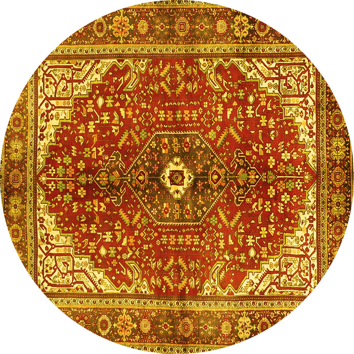 Round Machine Washable Medallion Yellow Traditional Rug, wshtr3154yw