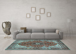Machine Washable Medallion Light Blue Traditional Rug in a Living Room, wshtr3154lblu