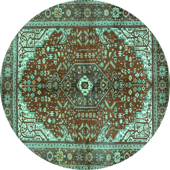 Round Machine Washable Medallion Turquoise Traditional Area Rugs, wshtr3154turq